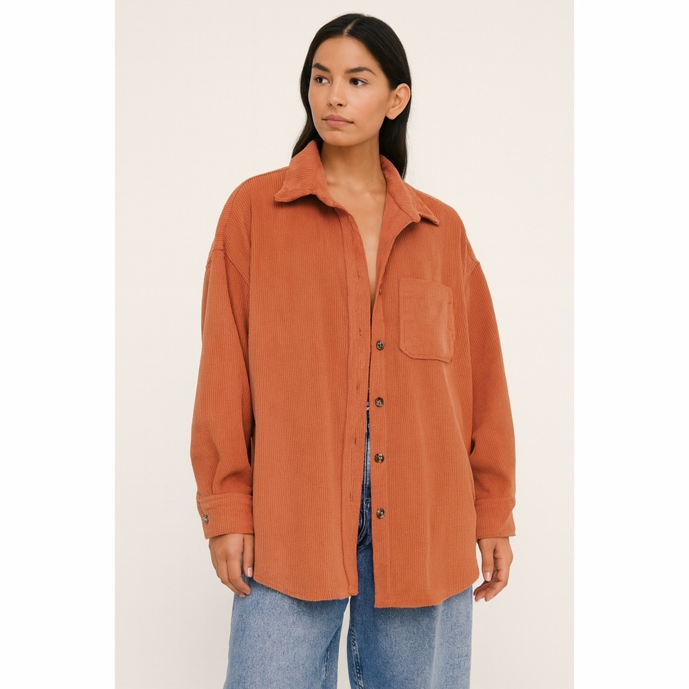 Corduroy Button Front Chest Pocket Utility Shirt Jacket Unisex Fall Shacket